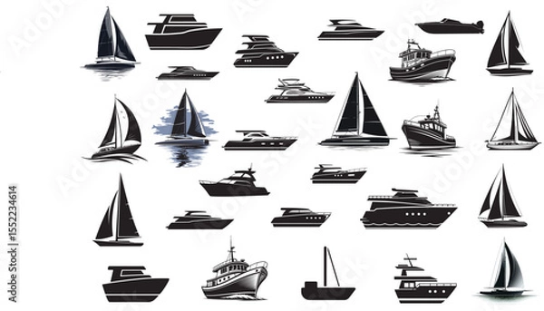 Obraz Collection of Black and White Yacht, Sailboat, and Motorboat Silhouettes: Nautical Vector Graphics.