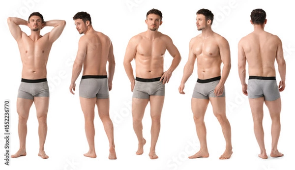 Fototapeta Handsome man in grey underwear on white background, collage. View from different sides