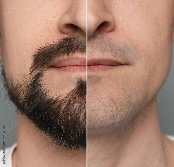 Fototapeta Man before and after shaving on grey background, closeup. Collage of photos