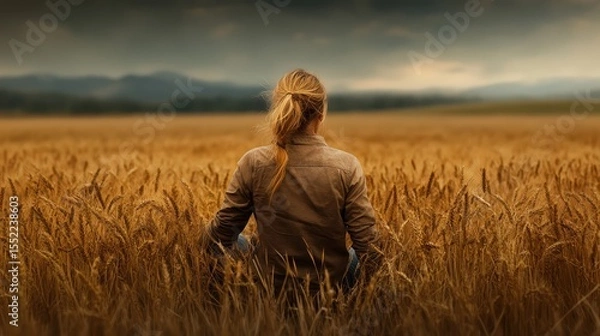 Fototapeta A serene view of a woman sitting in a golden wheat field meditating, immersing herself in nature's tranquility while reflecting on personal peace and connection.