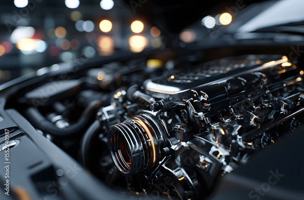 Fototapeta Car engine with open hood. Modern silver black auto motor. Automobile technology, mechanical repair and service concepts. Clean shiny, expensive part of car.