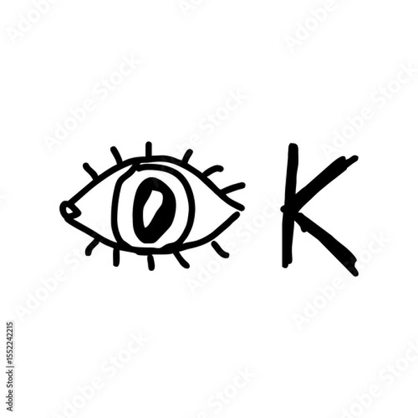 Obraz  OK hand lettering with eye icon in playful black doodle style for messaging design, Gen Z communication, approval symbols, youth pop art and online expression packs, SVG transparent file