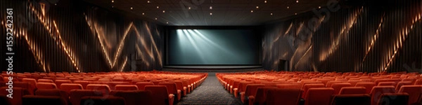 Fototapeta Empty red theater seats facing large screen in modern cinema hall