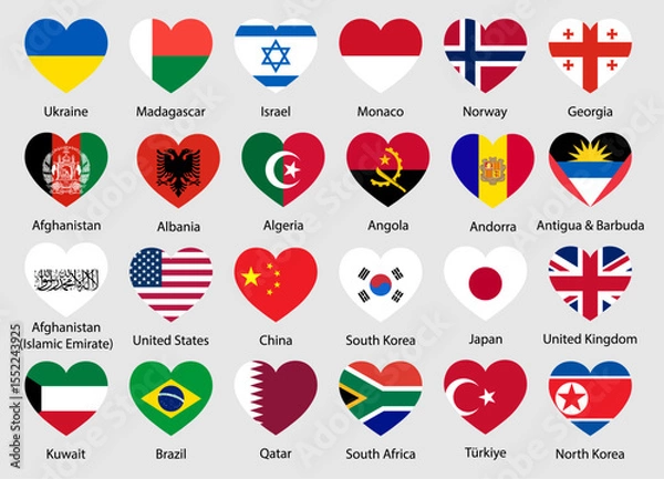 Obraz Beautiful collection of heart-shaped national flags from around the world. Represents international love, peace, unity, diversity, and patriotism. Perfect for global-themed design use.