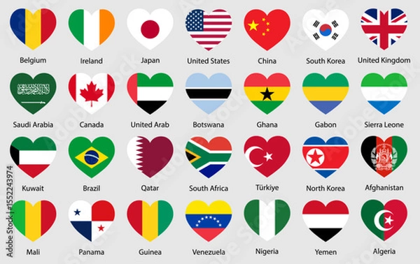 Obraz Creative heart-shaped flags of global countries, representing love, unity, peace, and diversity. Ideal for use in international, educational, cultural, or patriotic design projects.