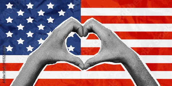 Fototapeta Halftone cut out of magazine hands making heart shape on American flag background. Collage banner template for 4th of July Independence day. Grunge modern retro mixed media vector illustration