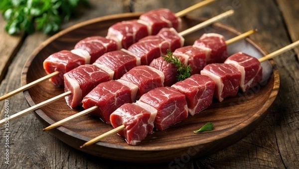 Obraz Skewers with raw meat on wooden plate with empty space for text