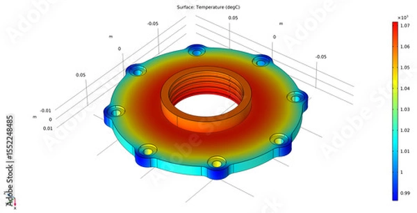 Obraz Metal cover, wheel drawing. Computer technic 
3d modeling of steel mechanical part
with hole and thread. Thermal cad analysis.
Investigation of temperature distribution on surface
of mechanical part.