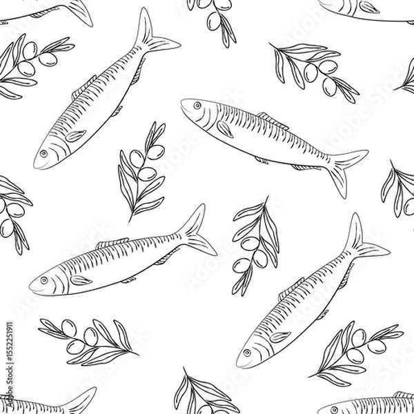 Fototapeta Seamless pattern with sardine and branches olive. Ideal for seafood packaging, kitchen textiles, restaurant branding, wrapping paper, or retro nautical-themed designs
