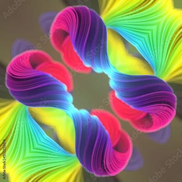 Fototapeta Futuristic digital illustration with curved ribbons forming a complex symmetrical figure. 3d rendering