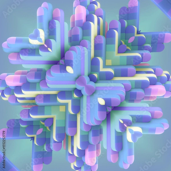 Fototapeta Digital illustration of a symmetrical pattern of a group of colorful geometric objects with rounded edges. 3d rendering