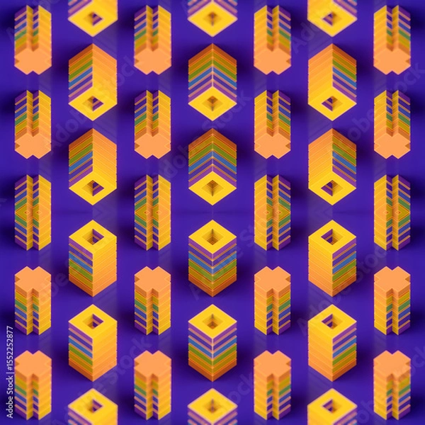 Fototapeta Abstract symmetrical composition with vertical geometric designs. 3d rendering digital illustration
