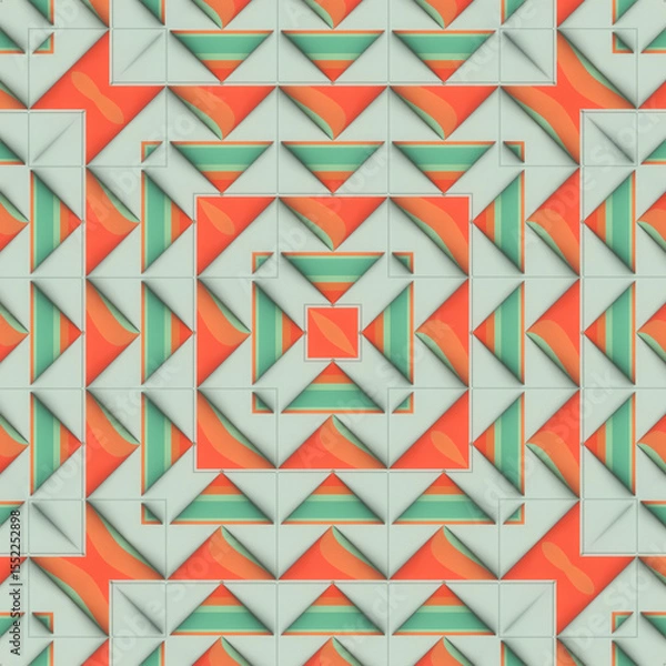 Fototapeta An illustration with a triangular pattern of orange-green conical shapes on a light background. 3d rendering
