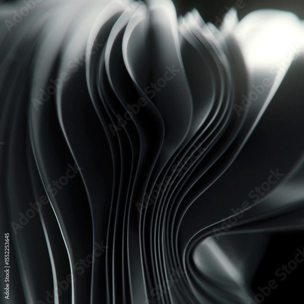 Fototapeta Black and white illustration with waves of stripes of shiny metallic fabric. 3d rendering