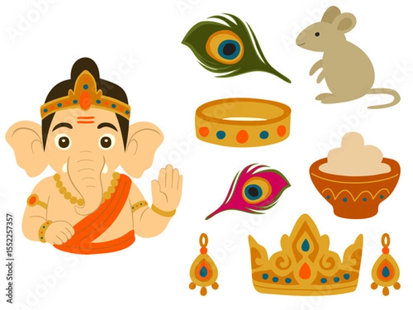 Fototapeta Ganesh Vector Bundle, Indian Festival Clipart Set, Ganesha, Peacock Feather, Modak, Mouse, Diwali Elements
