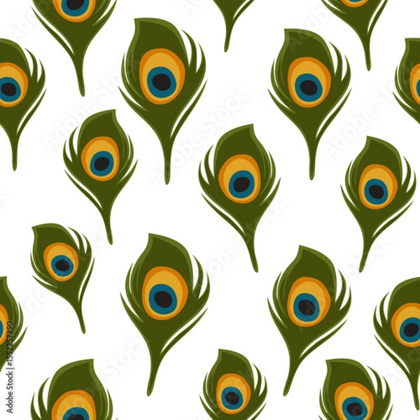 Fototapeta Green peacock Feather Seamless Pattern, Vector Indian Boho Background, Colorful Repeat Design