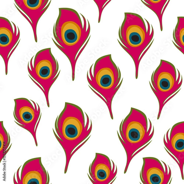 Fototapeta Pink peacock Feather Seamless Pattern, Vector Indian Boho Background, Colorful Repeat Design