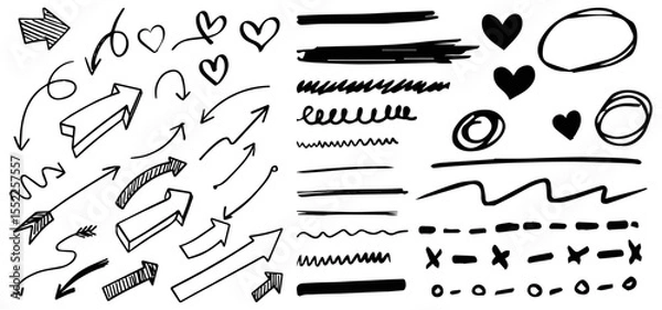Fototapeta Diverse Design Elements Pack: A collection of hand-drawn, doodle-style design elements in black, including arrows, hearts, lines, and circles.