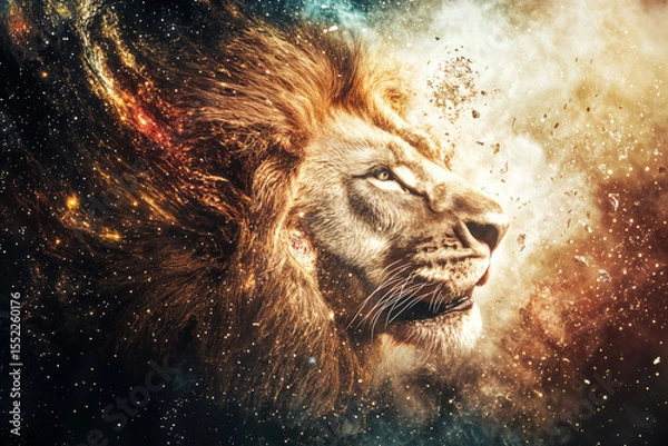 Fototapeta Stunning artistic image of a majestic lion’s head dissolving into shards, fire, and dust, symbolizing strength, transformation, and inner awakening. 