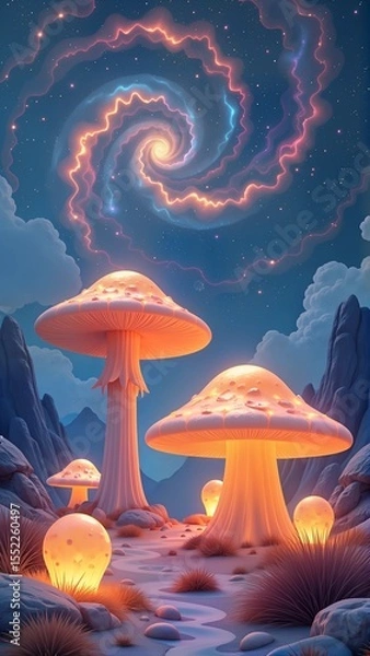 Fototapeta A surreal landscape where giant crystal mushrooms glow under a sky of swirling galaxies, creating a dreamlike atmosphere.