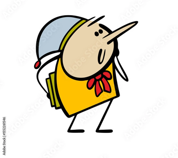Obraz Fairy-tale character, a wooden boy with a long nose and an elegant bow around his neck, holds textbooks and looks attentively. vector illustration of the pinocchio story.