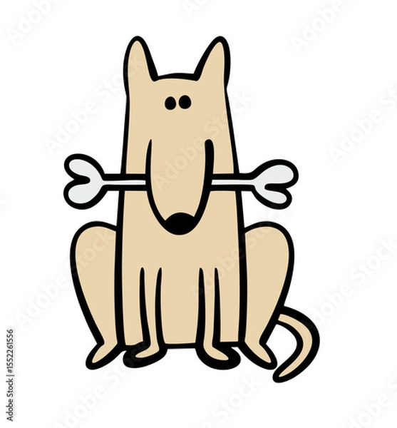 Obraz Cute guard dog follows commands, sits and holds a bone in his teeth. Vector illustration of a pet and food.  The friendly animal is wagging its tail, guarding the house.