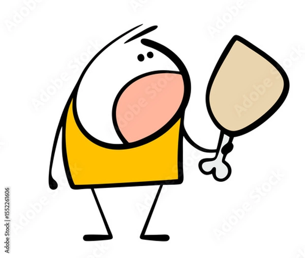 Obraz Cartoon character holds an animal bone and opens his mouth. Vector illustration of stickman biting and eating. Hungry man loves meat and food.