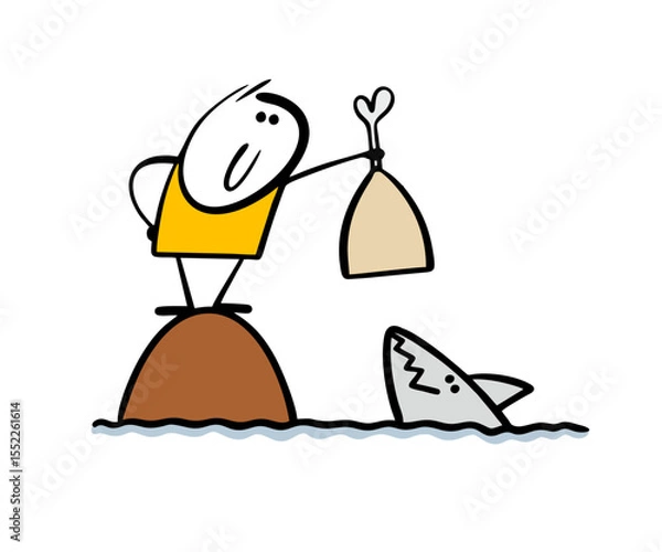 Obraz Funny cartoon stickman teases, feeds, and trains predatory fish in the sea, showing them bones and meat. Vector illustration of a shark in the ocean and food. Wet man on a desert island.