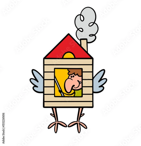 Obraz Fairy tale character is a witch in a wooden house. Vector illustration of Baba Yaga in a hut on chicken legs, a Russian monster from the forest. A dangerous ugly woman is conjuring and brewing potion.