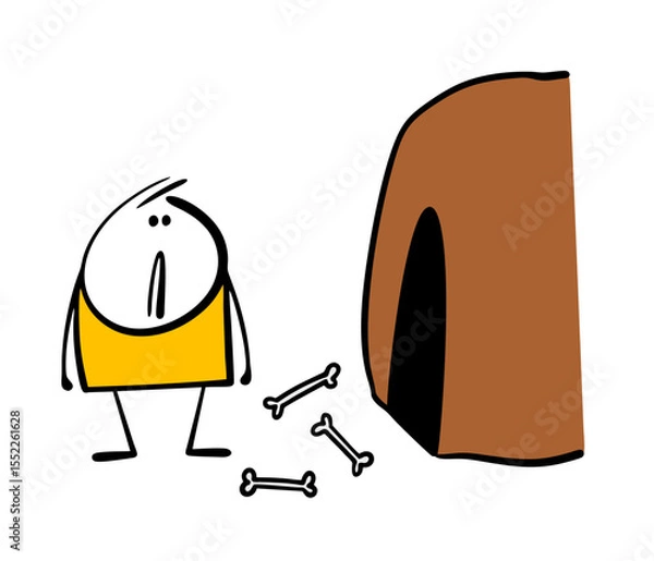 Obraz Frightened man stands in front of the cave and looks at the gnawed bones. Vector illustration of the dwelling of a wild beast or man-eater. The cartoon stickman is in danger and needs help.