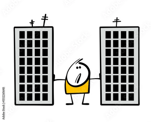 Obraz Disgruntled stickman stands between two skyscrapers, bracing his arms. Vector illustration, a man is cramped, a narrow city street.