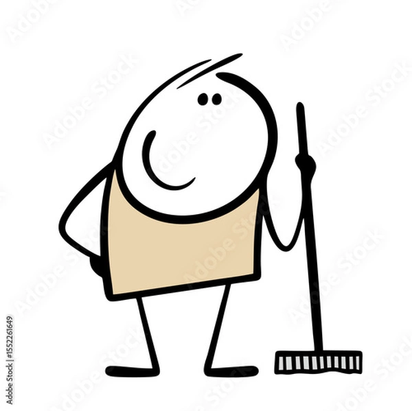 Obraz Cartoon satisfied stickman holds a mop and smiles. Vector illustration the cleaner did a good job, the floor in the house is clean.