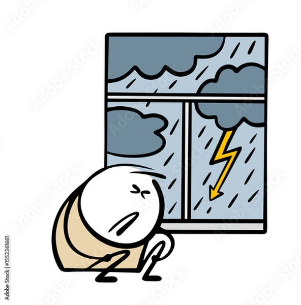 Obraz Sad stickman was afraid of a terrible thunderstorm outside the window. Vector illustration of a child shrinking, trembling. strong wind, rain and lightning. The elements played out.