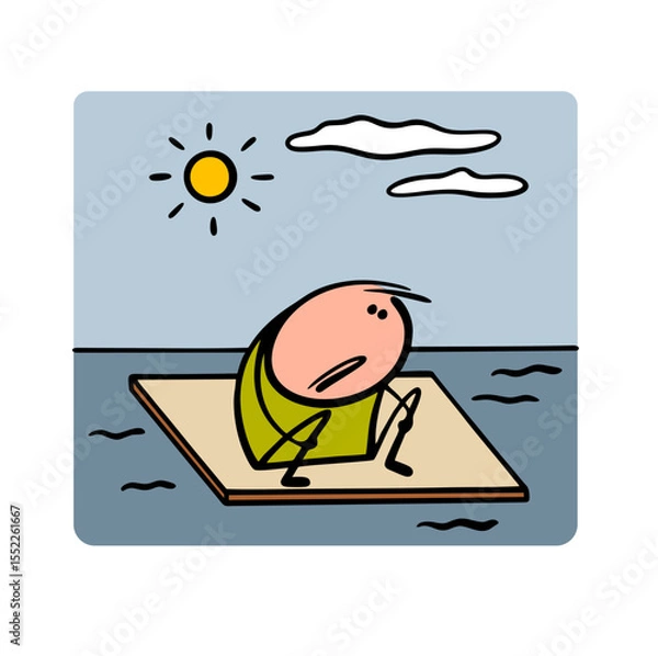 Obraz Cartoon lonely traveler sits on a raft in the middle of the ocean and suffers. Vector illustration of a shipwrecked man, victim of a disaster and a storm at sea. Hungry, thirsty.