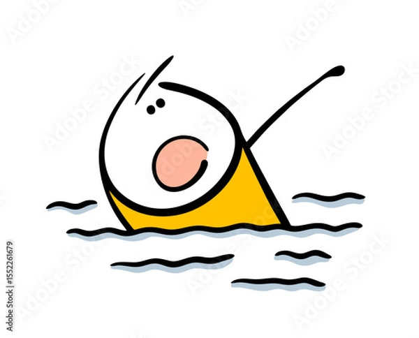 Obraz Cartoon unfortunate man is drowning in the sea, the wet one is screaming loudly, calling for help. Vector illustration of a stickman waving his hand, floating in the water.