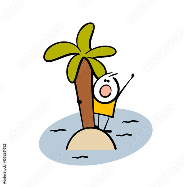 Obraz Funny cartoon stickman is holding onto a palm tree on a desert island in the middle of the ocean, screaming loudly, calling for help. Vector illustration of a man in trouble.