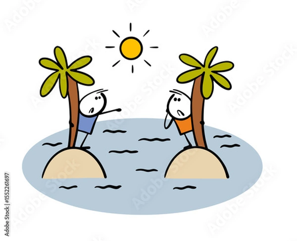 Obraz Funny cartoon stickman is holding onto a palm tree on a desert island in the middle of the ocean, screaming loudly, calling for help. Vector illustration of a man in trouble.