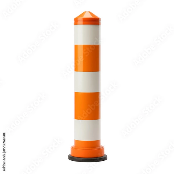 Fototapeta Traffic bollard with orange and white stripes standing on asphalt  