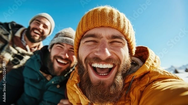 Fototapeta A joyful image capturing three friends laughing and enjoying a beautiful snowy day, showcasing their camaraderie and the beauty of winter recreation.