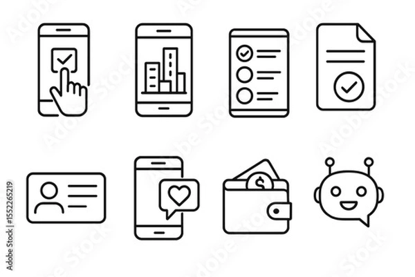 Fototapeta Digital Governance Icons. Line style icons of digital governance: online voting icon, city app interface, public poll screen,