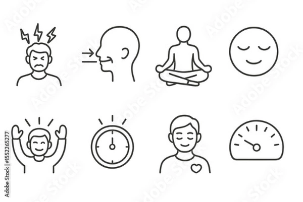 Fototapeta Stress and Relaxation Icons. Line style icons of stress and relaxation: tension icon, breathing guide, meditation pose, calm face,