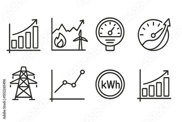 Fototapeta Climate Analytics Icons. Line style icons of climate analytics: energy consumption chart, fossil vs renewable graph, power usage