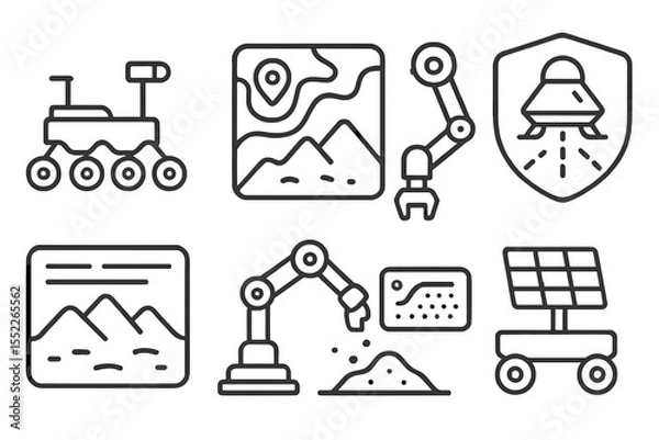Fototapeta Space Exploration Icons. Line style icons of space research and satellite technologies: Mars rover icon, terrain navigation chart,