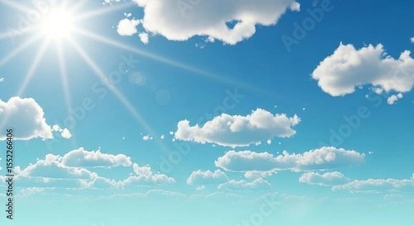 Fototapeta Bright Sun with Sunrays and Fluffy Clouds in a Blue Sky

