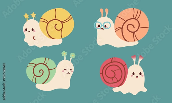 Obraz Cheerful little snail isolated on blue background. Flat vector illustration ,hand drawn cute character , kawaii illustration .