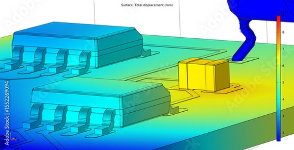 Obraz Computer 3d modeling of printed circuit
board of electronic device. Investigation of 
displacement of pcb conductors and 
components (capacitor, integrated
circuit) under
influence of high temperature