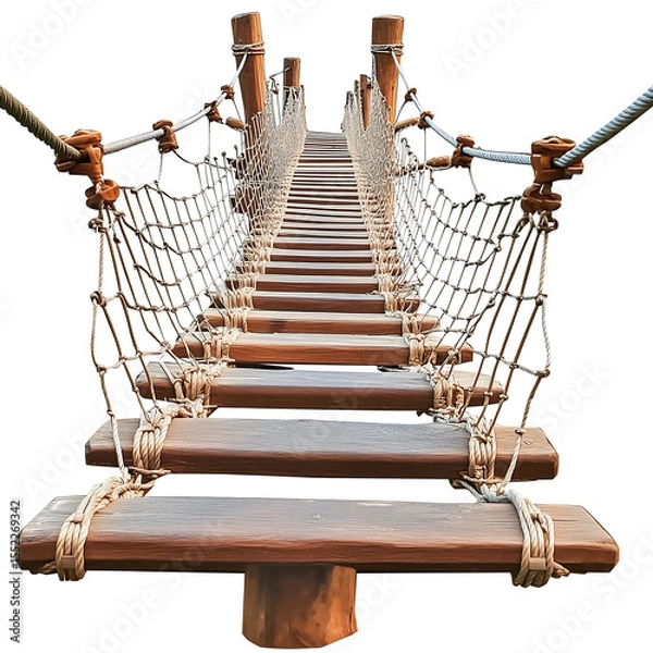 Fototapeta A wooden suspension bridge with sturdy ropes and a clear perspective leading into the distance. Isolated on transparent white background, png