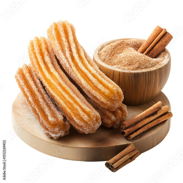 Obraz Delicious golden churros coated in sugar, served with a bowl of cinnamon sugar. Isolated on transparent white background, png	
