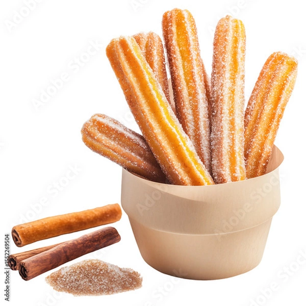 Fototapeta Delicious churros in a wooden cup, with cinnamon sticks and sugar nearby, showcasing a tempting dessert. Isolated on transparent white background, png