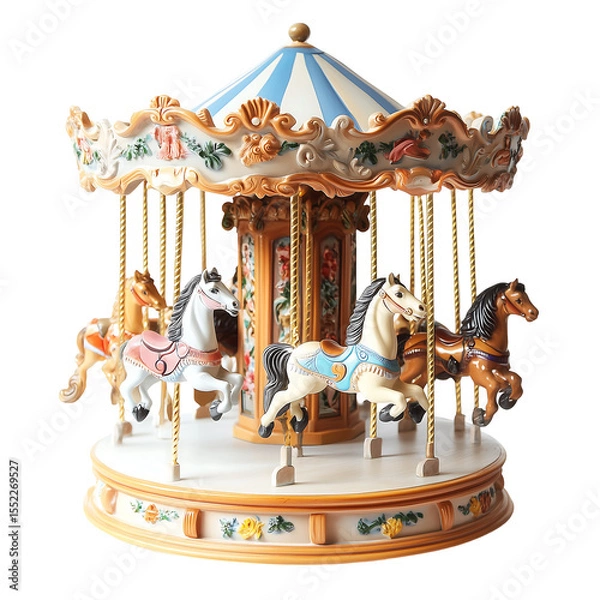 Fototapeta Charming vintage carousel with beautifully painted horses in soft pastel colors. Isolated on transparent white background, png